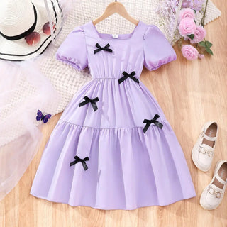 صيف بنات' كاجوال فستان، large children's أكمام قصيرةd square neck bow solid color فستان
