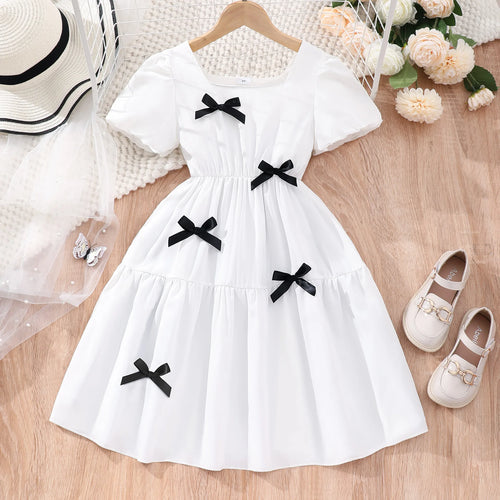 صيف بنات' كاجوال فستان، large children's أكمام قصيرةd square neck bow solid color فستان