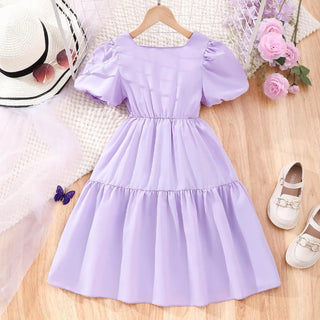 صيف بنات' كاجوال فستان، large children's أكمام قصيرةd square neck bow solid color فستان