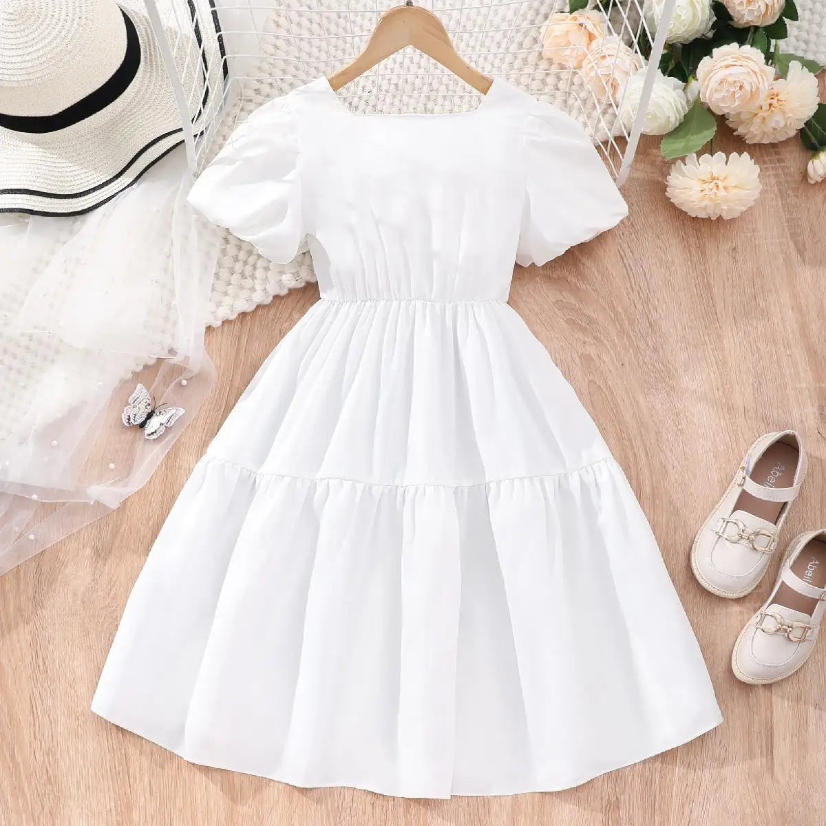 صيف بنات' كاجوال فستان، large children's أكمام قصيرةd square neck bow solid color فستان