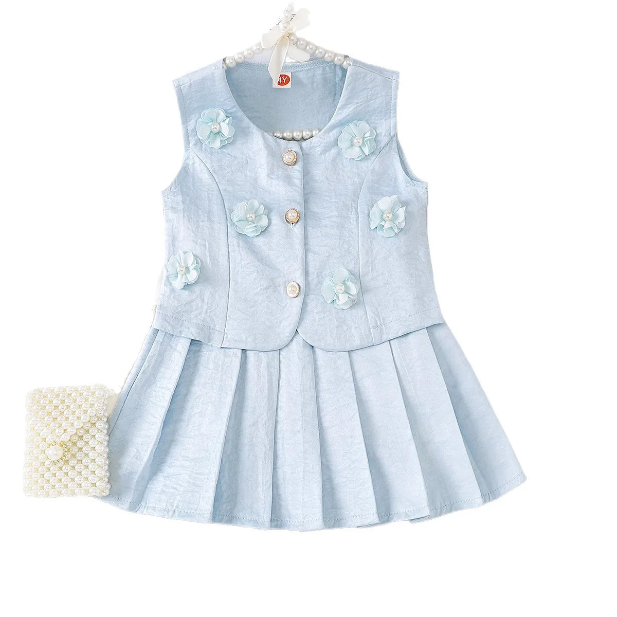 صيف بنات' كاجوال طقم قطعتين light blue بدون أكمام waistcoat with بليسيه جيب and flower pattern جديد ستايل
