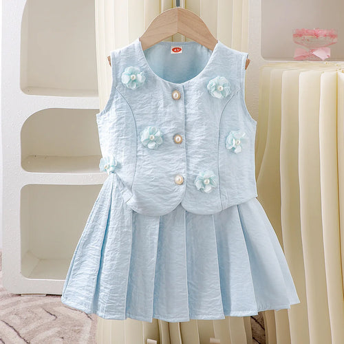 صيف بنات' كاجوال طقم قطعتين light blue بدون أكمام waistcoat with بليسيه جيب and flower pattern جديد ستايل