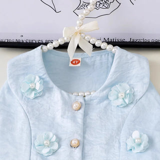 صيف بنات' كاجوال طقم قطعتين light blue بدون أكمام waistcoat with بليسيه جيب and flower pattern جديد ستايل