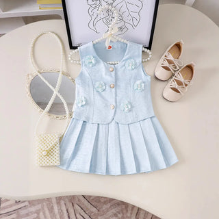 صيف بنات' كاجوال طقم قطعتين light blue بدون أكمام waistcoat with بليسيه جيب and flower pattern جديد ستايل