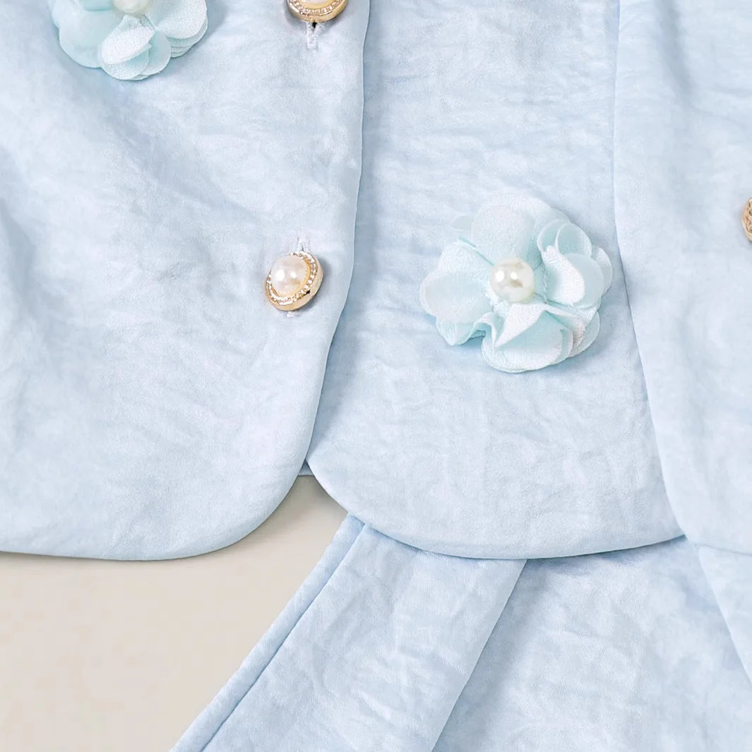 صيف بنات' كاجوال طقم قطعتين light blue بدون أكمام waistcoat with بليسيه جيب and flower pattern جديد ستايل