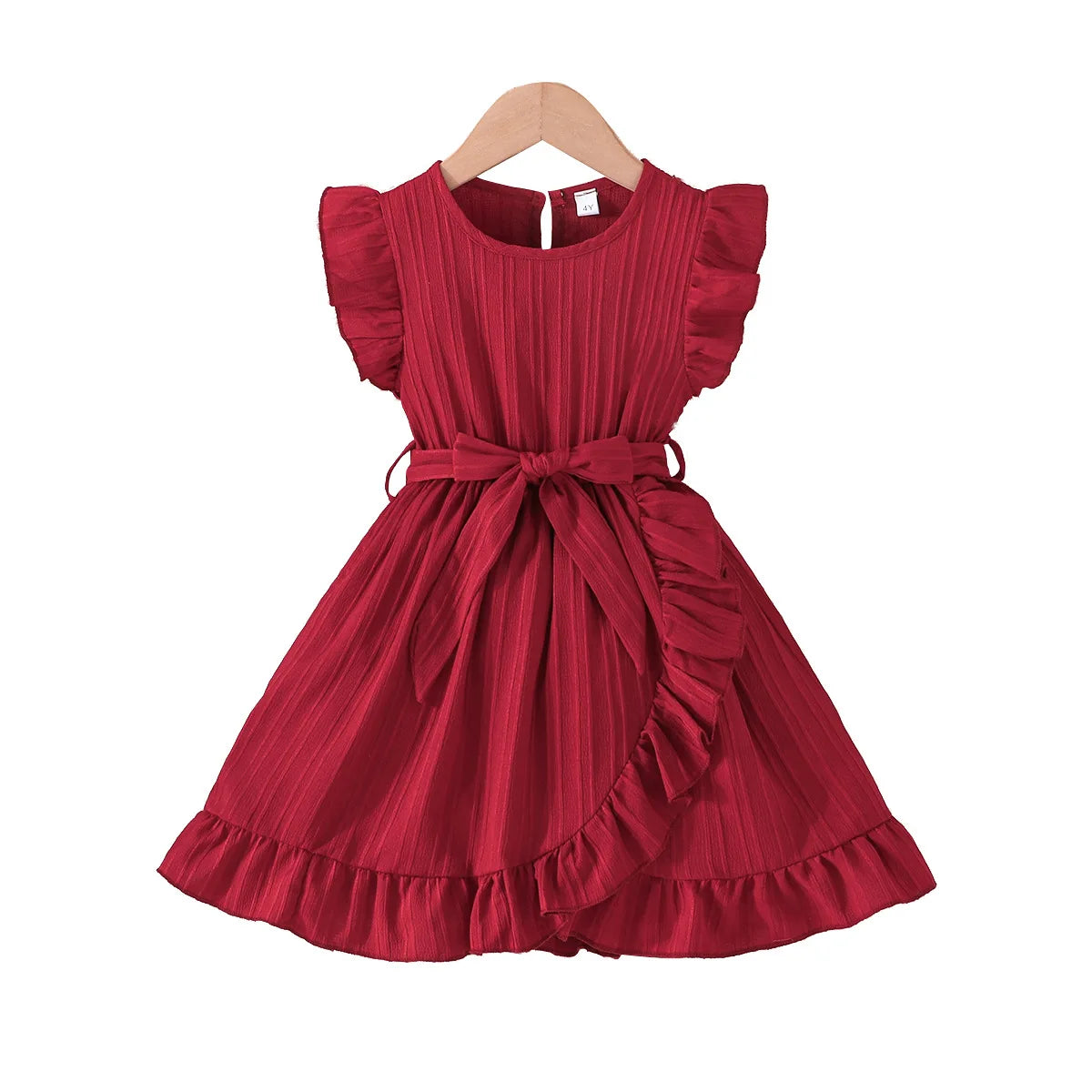 صيف بنات' جديد solid color wave stripe كم كشكش round neck ruffle edge فستان with waist belt