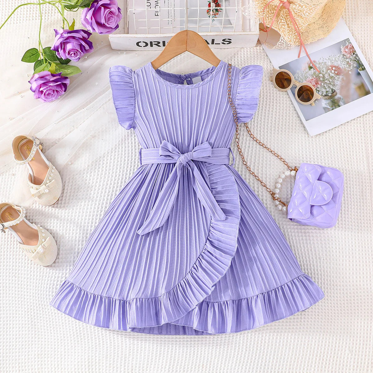 صيف بنات' جديد solid color wave stripe كم كشكش round neck ruffle edge فستان with waist belt