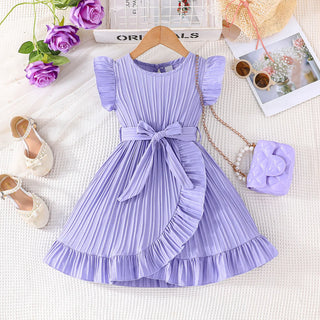 صيف بنات' جديد solid color wave stripe كم كشكش round neck ruffle edge فستان with waist belt