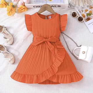 صيف بنات' جديد solid color wave stripe كم كشكش round neck ruffle edge فستان with waist belt