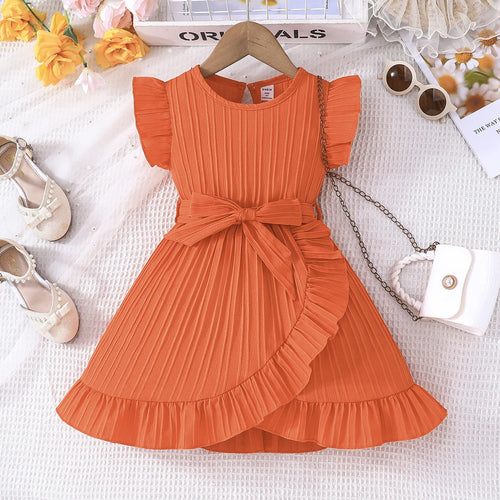 صيف بنات' جديد solid color wave stripe كم كشكش round neck ruffle edge فستان with waist belt