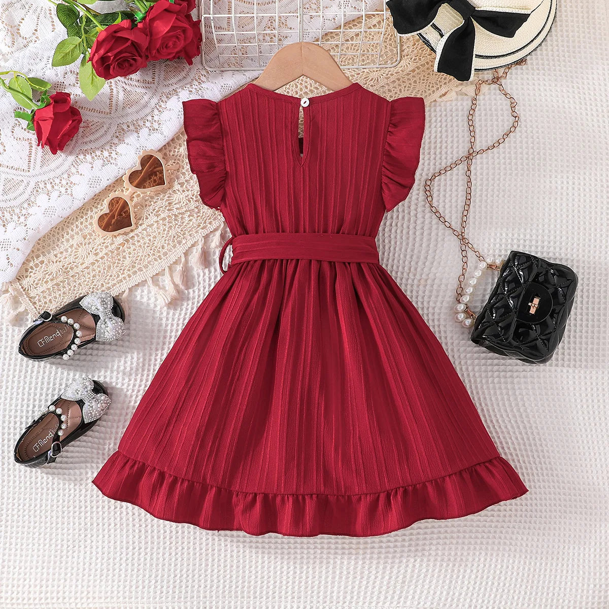 صيف بنات' جديد solid color wave stripe كم كشكش round neck ruffle edge فستان with waist belt