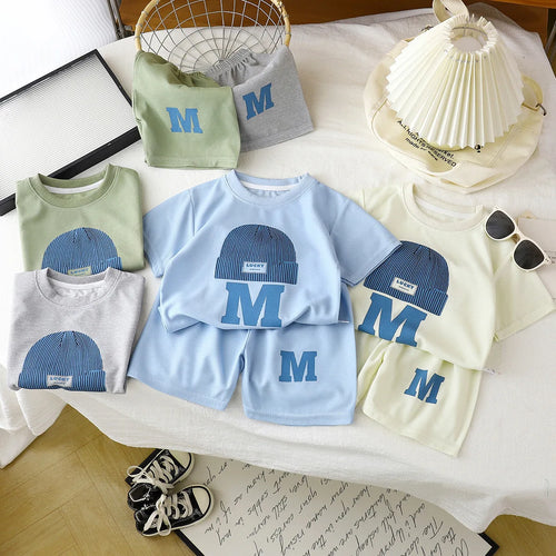 صيف جديد ولد waffle grille baby أكمام قصيرة clothes صيف children's clothing طقم