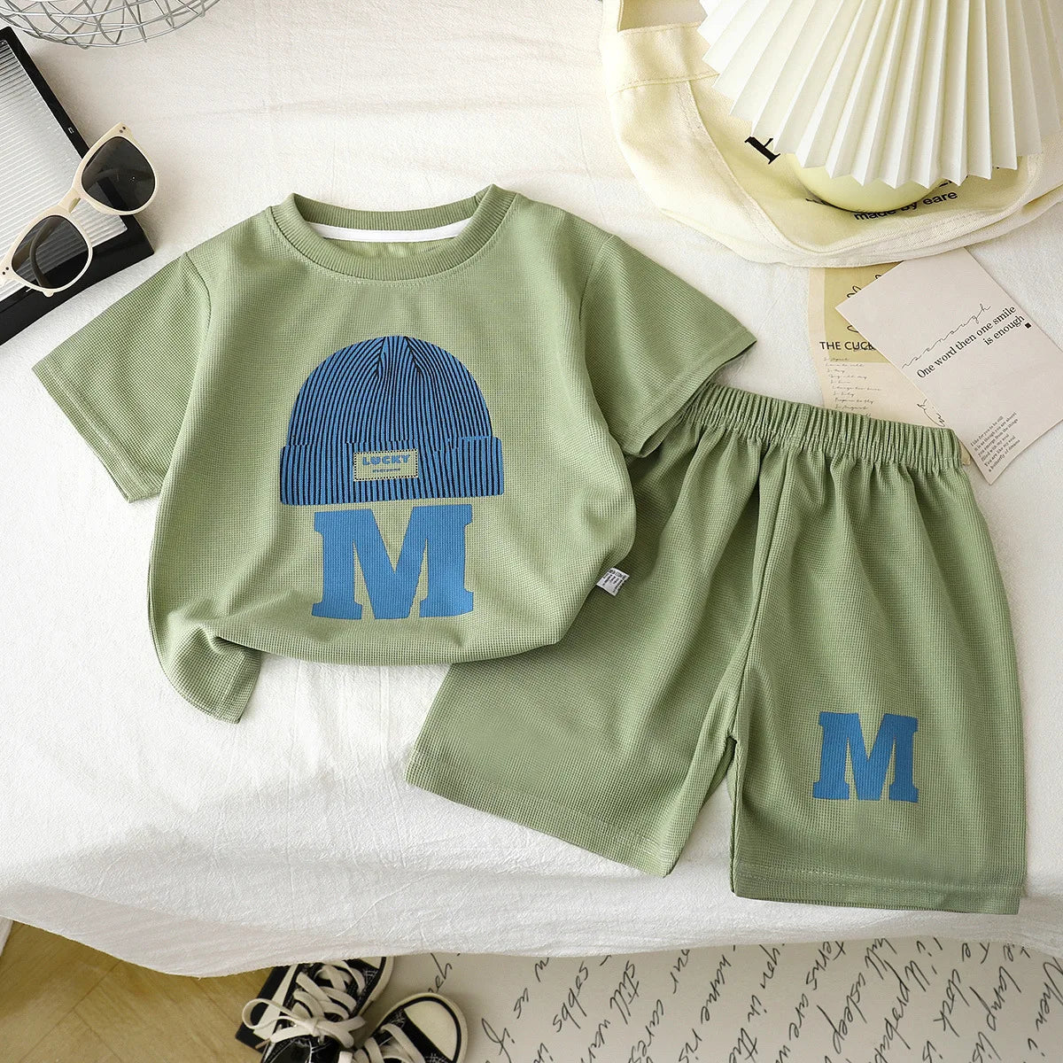 صيف جديد ولد waffle grille baby أكمام قصيرة clothes صيف children's clothing طقم