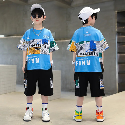 صيف جديد أولاد أكمام قصيرة بدلة cuhk ستايل كاجوال cotton half-كم jacket printed طقم قطعتين for children handsome