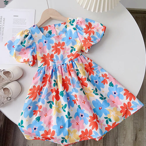 صيف جديد floral بنات' فستان with bubble أكمام، baby بنات' أكمام قصيرةd كاجوال فستان