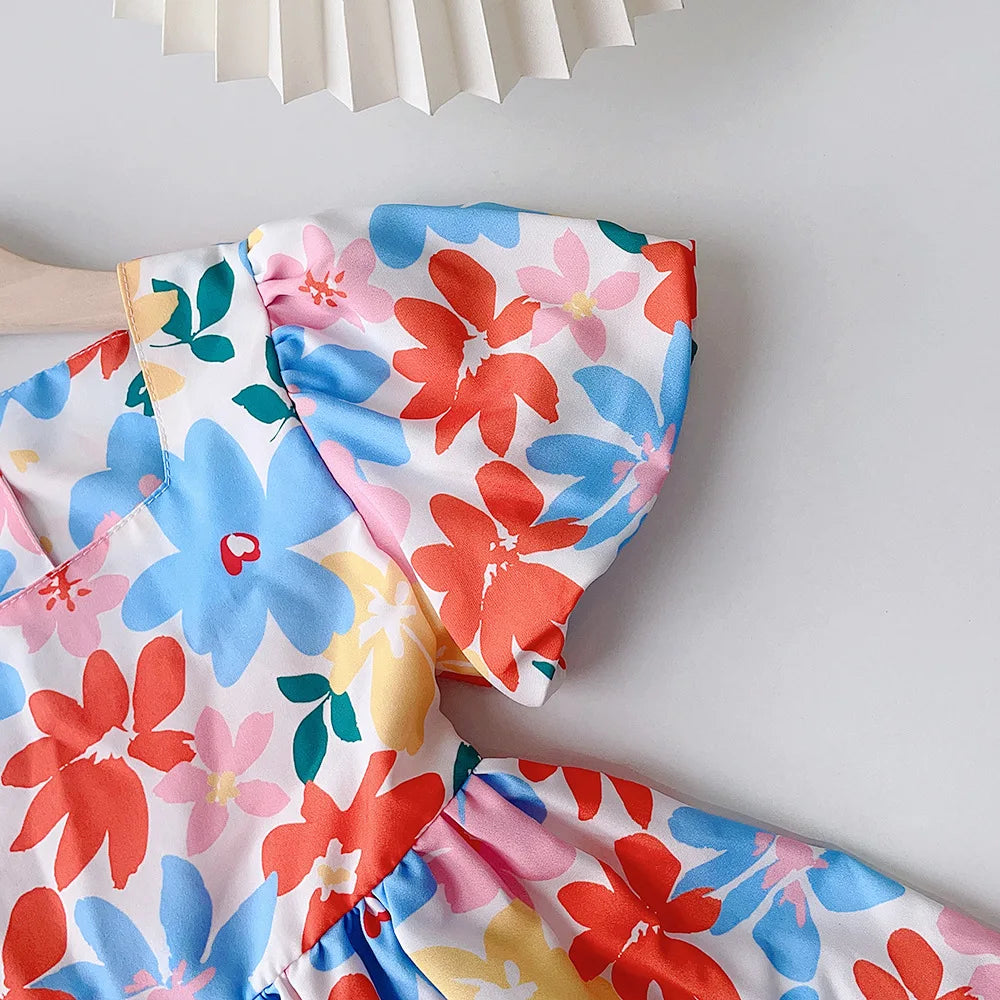 صيف جديد floral بنات' فستان with bubble أكمام، baby بنات' أكمام قصيرةd كاجوال فستان