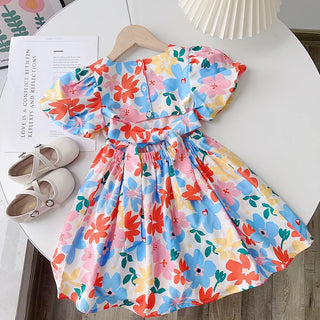 صيف جديد floral بنات' فستان with bubble أكمام، baby بنات' أكمام قصيرةd كاجوال فستان