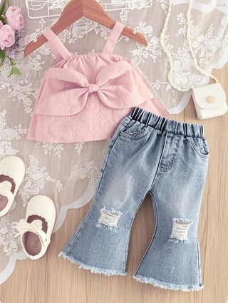 صيف جديد بنت كاجوال ستايل child بدلة with bow loose slings and broken jeans