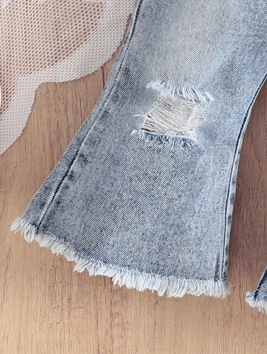 صيف جديد بنت كاجوال ستايل child بدلة with bow loose slings and broken jeans