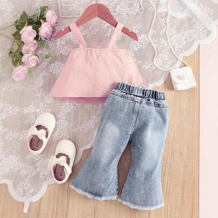 صيف جديد بنت كاجوال ستايل child بدلة with bow loose slings and broken jeans