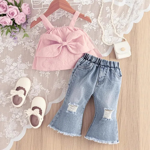 صيف جديد بنت كاجوال ستايل child بدلة with bow loose slings and broken jeans