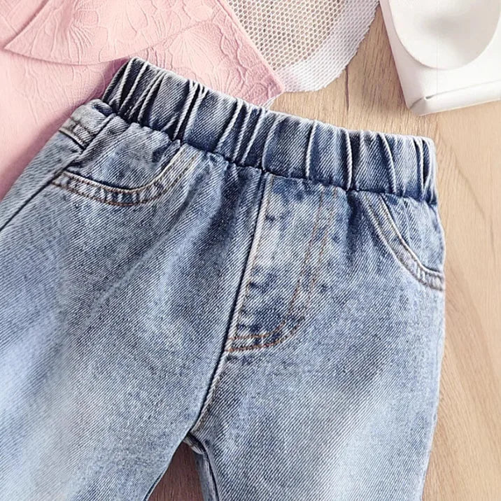 صيف جديد بنت كاجوال ستايل child بدلة with bow loose slings and broken jeans