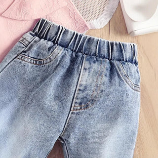 صيف جديد بنت كاجوال ستايل child بدلة with bow loose slings and broken jeans