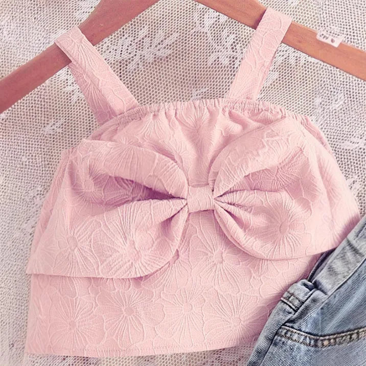 صيف جديد بنت كاجوال ستايل child بدلة with bow loose slings and broken jeans
