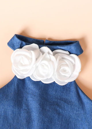صيف جديد بنت كاجوال طقم قطعتين solid color three-dimensional flower jacket جيب shoulder hanging neck