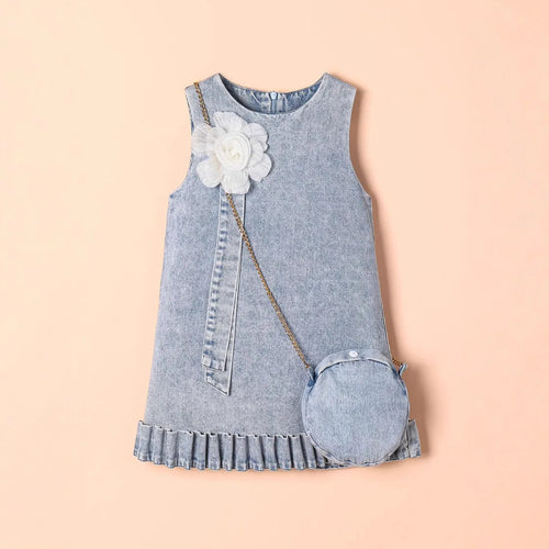 صيف جديد بنت بدلة snowflake دينم cut كم flower فستان hanging bag طقم قطعتين