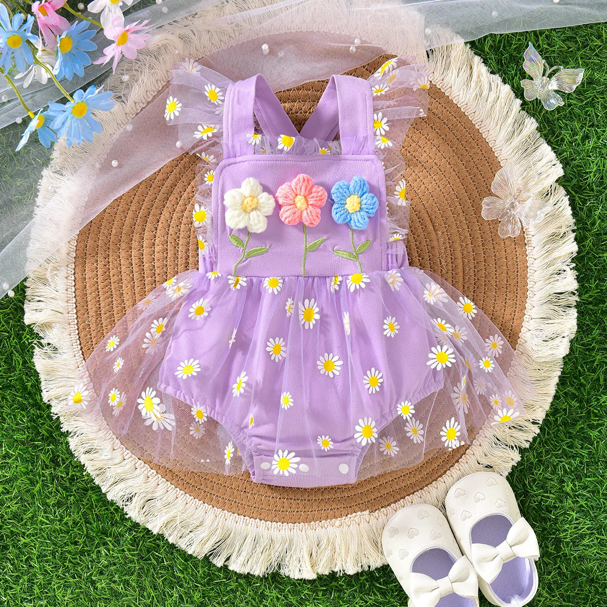 صيف newborn infant clothing بدون أكمام 3d flower patchwork تل bodysuit backless baby بنت romper فستان