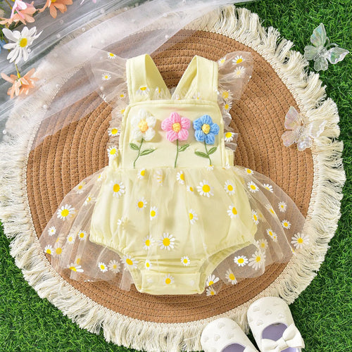 صيف newborn infant clothing بدون أكمام 3d flower patchwork تل bodysuit backless baby بنت romper فستان