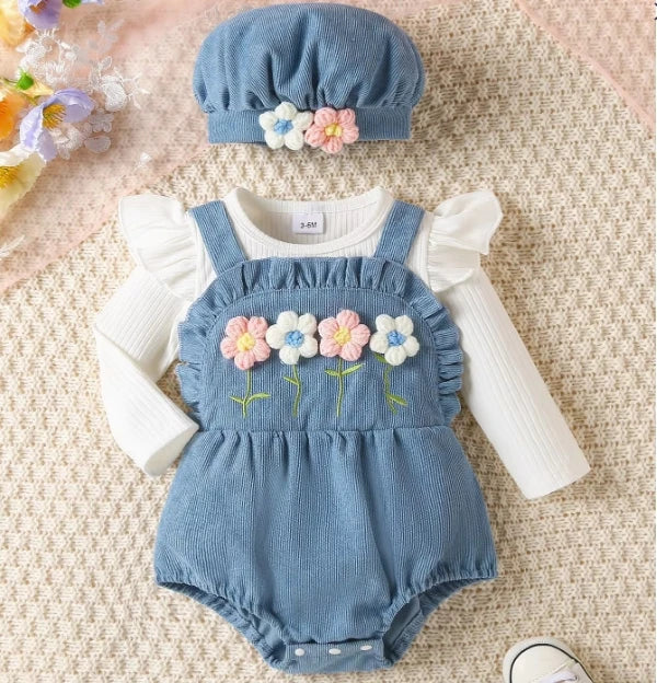 sweet baby بنت قطعة واحدة waffle three-dimensional flower hat cotton clothing طقم صيف fashion ستايل 2pcs طقم