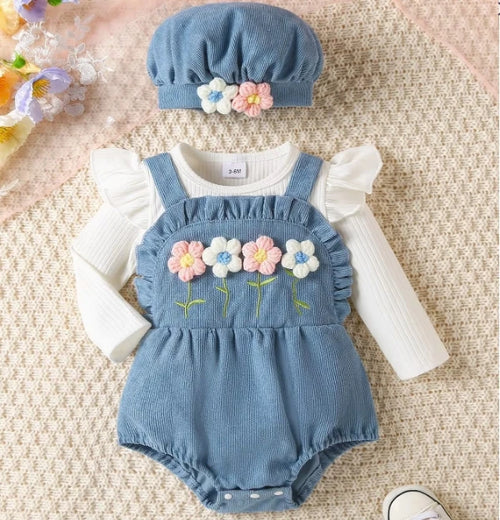 sweet baby بنت قطعة واحدة waffle three-dimensional flower hat cotton clothing طقم صيف fashion ستايل 2pcs طقم