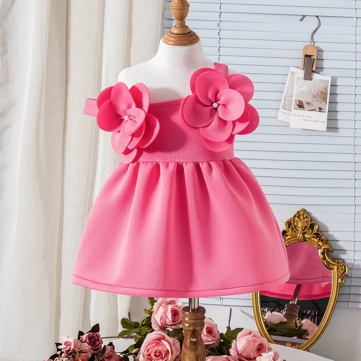 sweet صيف بنات فستان children's suspender three-dimensional flower solid color knee-length ruffles decoration odm supply