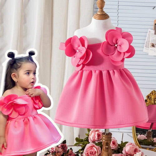 sweet صيف بنات فستان children's suspender three-dimensional flower solid color knee-length ruffles decoration odm supply