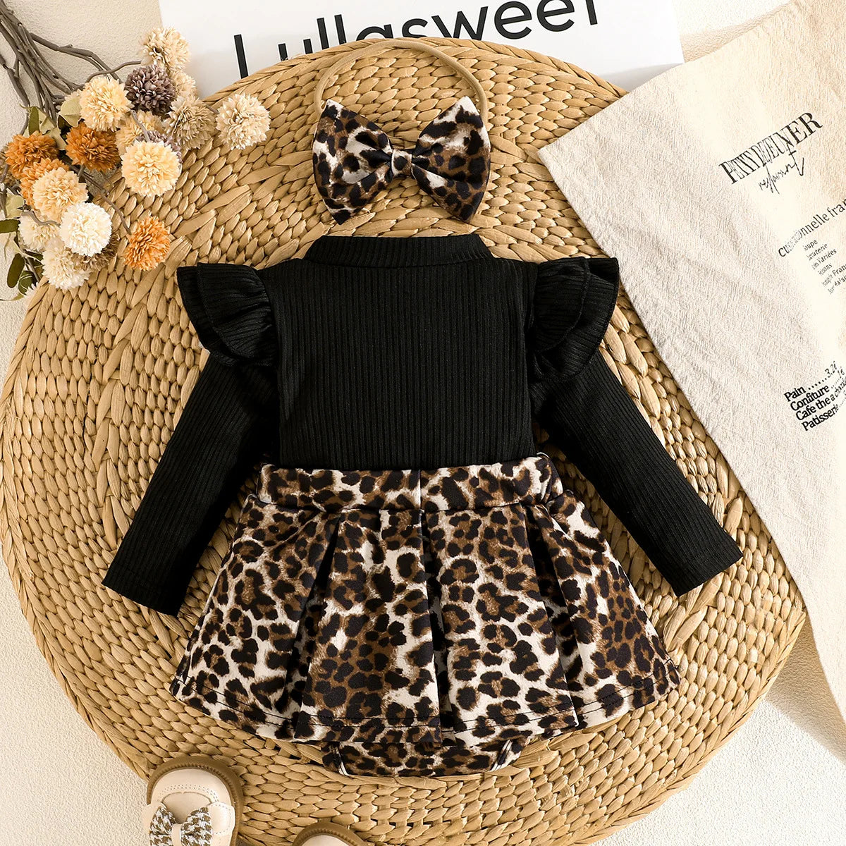 sweet and lovely baby بنت ربيع وخريف جمبسوت with triangle hat leopard print cotton clothing طقم fashion ستايل
