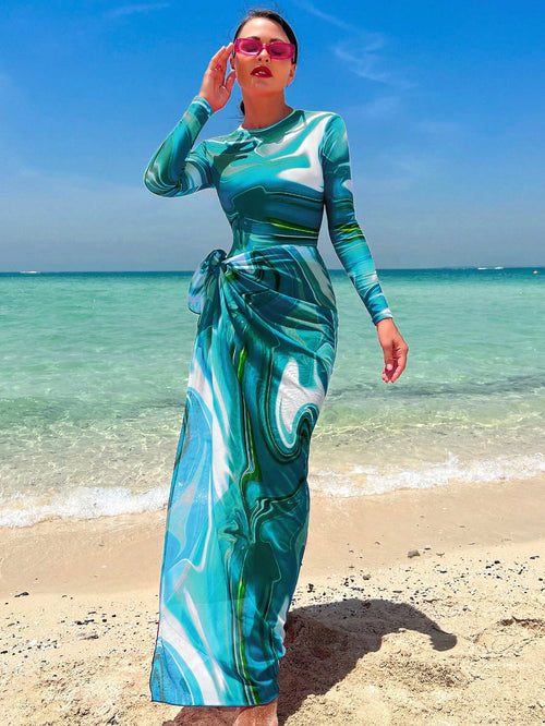Swim Shayni بدلة سباحة قطعة واحدة مطبوعة بالتصميم الكامل مع تنورة شاطئية ،ملابس شاطئية عربية صيفية
