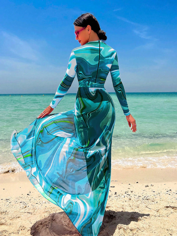 Swim Shayni بدلة سباحة قطعة واحدة مطبوعة بالتصميم الكامل مع تنورة شاطئية ،ملابس شاطئية عربية صيفية