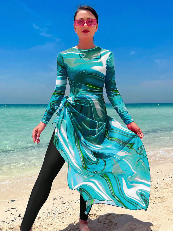 Swim Shayni بدلة سباحة قطعة واحدة مطبوعة بالتصميم الكامل مع تنورة شاطئية ،ملابس شاطئية عربية صيفية