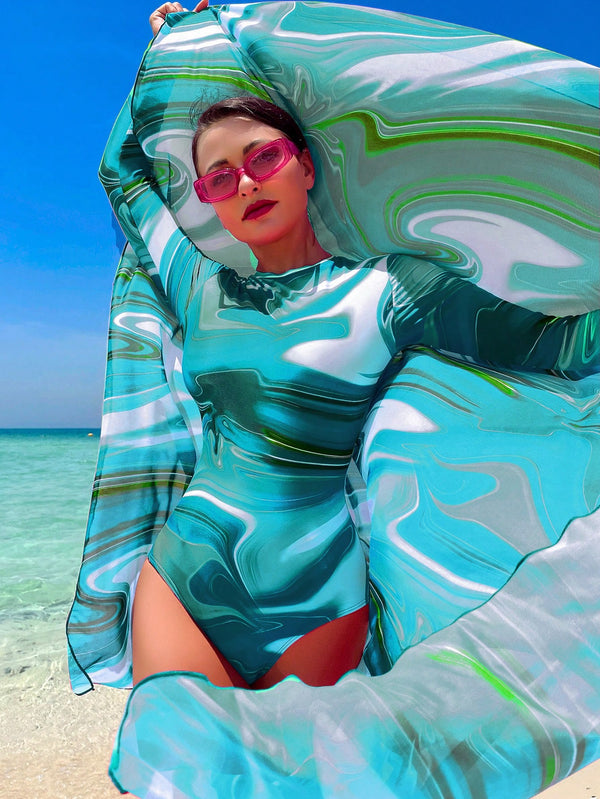 Swim Shayni بدلة سباحة قطعة واحدة مطبوعة بالتصميم الكامل مع تنورة شاطئية ،ملابس شاطئية عربية صيفية