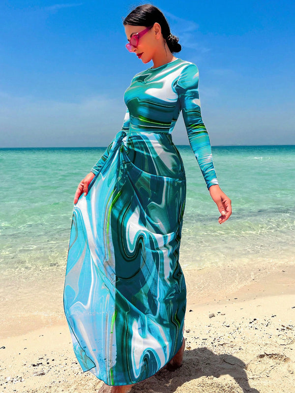Swim Shayni بدلة سباحة قطعة واحدة مطبوعة بالتصميم الكامل مع تنورة شاطئية ،ملابس شاطئية عربية صيفية