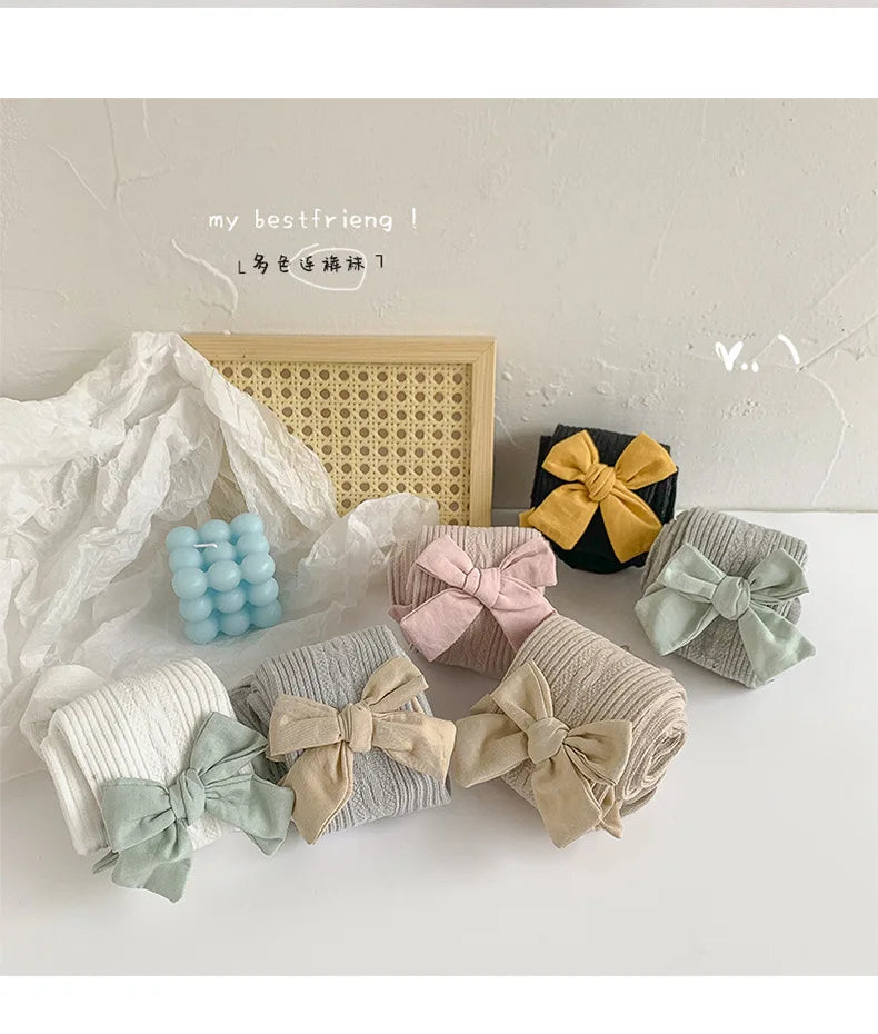 wholesale children's ربيع خريف solid color bow leggings baby bottoms anti-slip knitted technique كاجوال ستايل for بنات
