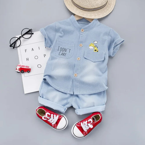 wholesale cross-border أكمام قصيرة دينم بدلة for أولاد صيف cartoon fawn printed shirt and pants طقم
