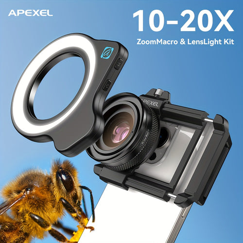 مجموعة عدسات الكاميرا الماكرو المهنية من APEXEL مع ضوء FL26، تكبير 10-20X، عدسة FMC، 2700-6500K، 5 مستويات سطوع ضوء، بطارية قابلة للشحن بسعة 200 مللي أمبير مدمجة، لآيفون 16/15/14/13 وأكثر الهواتف الذكية، 37 مم + 52 مم، شحن USB، تصوير ماکرو|عدسة أنيقة|جودة