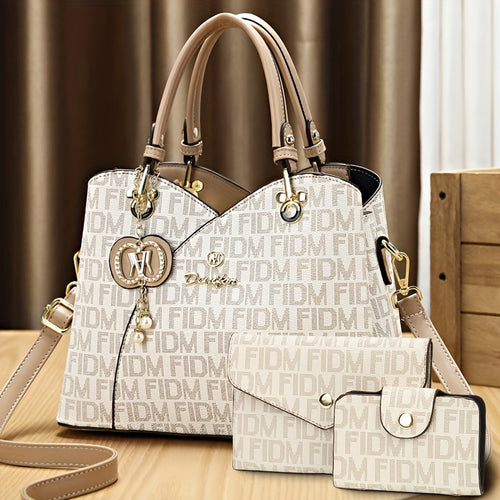 مجموعة حقائب يد نسائية من FIDM مكونة من 3 قطع - حقيبة يد أنيقة بسعة كبيرة مع إغلاق بسحاب، حقيبة كتف قابلة للفصل وحامل بطاقات، طقم لون بيج/ذهبي، مبطنة بالبوليستر، حقيبة يومية أنيقة | حقيبة يد مطبوعة | إغلاق بسحاب