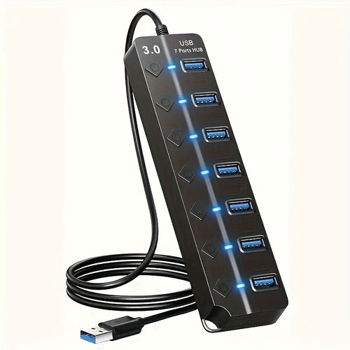 محول USB 3.0 مع مفتاح تشغيل وإضاءة LED، نقل عالي السرعة، 4 منافذ/7 منافذ، كابل بطول 30 سم/100 سم، محول صغير مناسب لأجهزة MacBook واللابتوبات وSurface Pro وأقراص PS4 ومحركات الأقراص الخارجية