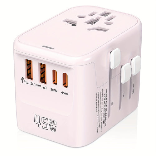 محول السفر العالمي، 2 USB A بقوة 18 واط، 1 USB C بقوة 20 واط و1 USB C بقوة 45 واط، مناسب من أستراليا إلى الاتحاد الأوروبي، المملكة المتحدة، الولايات المتحدة الأمريكية، اليابان، بالي، الهند، شاحن سفر للكمبيوتر المحمول والهاتف المحمول في واحد