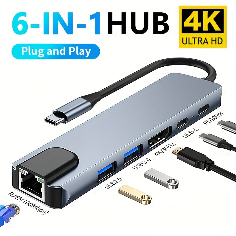 محول 6-في-1 من Type-C إلى HDTV عالي الدقة، مع نقل بيانات USB-C ووظيفة شحن PD100W ومنفذ RJ45 ومنافذ USB2.0 و3.0، مناسب للابتوبات