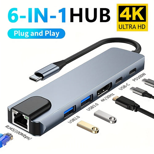 محول 6-في-1 من Type-C إلى HDTV عالي الدقة، مع نقل بيانات USB-C ووظيفة شحن PD100W ومنفذ RJ45 ومنافذ USB2.0 و3.0، مناسب للابتوبات